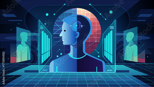 Futuristic illustration of human profile with data interfaces and holograms representing artificial intelligence and digital technology