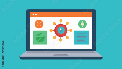 Flat illustration of a laptop displaying colorful data and infographics with location pin and diagram elements on screen