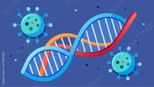 Colorful DNA strand surrounded by viruses on blue background representing genetics and viral mutation