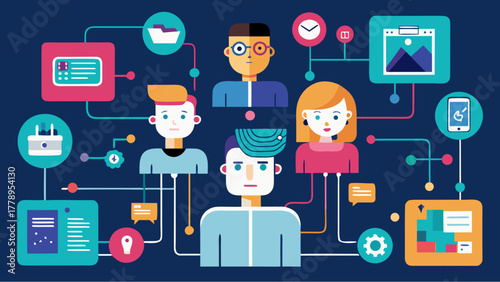 Flat illustration of people connected through digital interfaces and apps representing teamwork, communication and data sharing