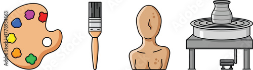 Art Class Supplies Icons Paint Palette Paintbrush Clay Sculpture Pottery Wheel.