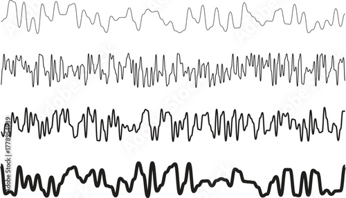 Abstract sound wave line set in black and white minimal vector style. Five unique waveform curves with varying thickness for music, audio, or digital art designs. Perfect for modern graphic 
