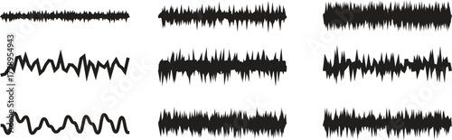 Black abstract sound wave vector collection with eight dynamic line designs. Unique waveform patterns for music, audio, or motion graphic projects. Ideal for modern digital art and technology visuals.