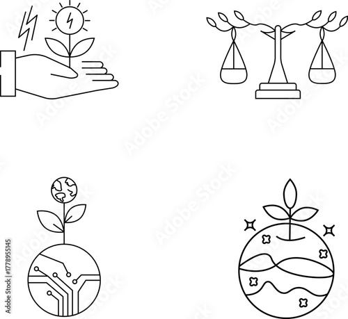 Sustainability and Green Energy Vector Icons — Eco Technology, Environmental Balance, and Renewable Resources Symbols