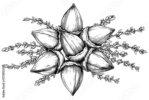 Elegant still life arrangement beech nuts herbs | Clean, isolated vector art for creative projects.