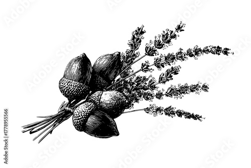 Whimsical Bouquet: Artful Arrangement Lavender Acorns | Clean, isolated vector art for creative projects.