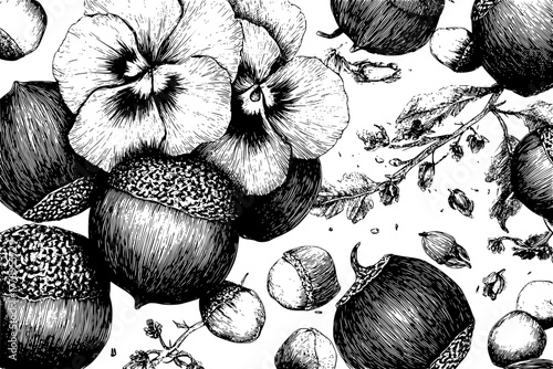 Nature's Palette: Artistic Arrangement Pansies Hickory Nuts | Clean, isolated vector art for creative projects.