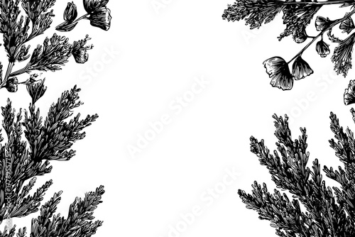 Elegant juniper lilac sprigs, floral tableau black white | Clean, isolated vector art for creative projects.