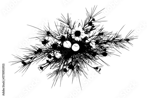 Black White Symphony Texture: Chamomile Discs, Fir Needles, Field Stars | Clean, isolated vector art for creative projects.