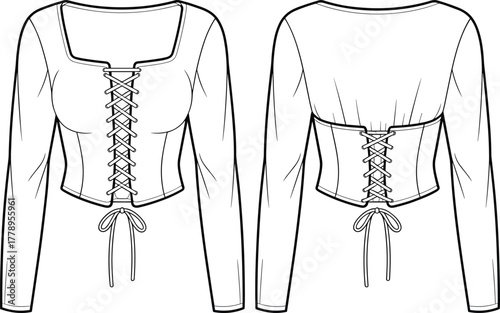 Fashion corset top technical flat sketch with long sleeves, lace up front and back, detailed CAD garment vector illustration design