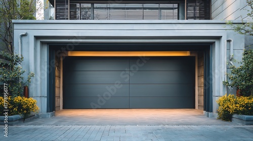 Modern sectional garage door with automatic opener.