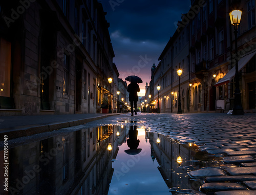 Person walking with umbrella on wet cobblestone road