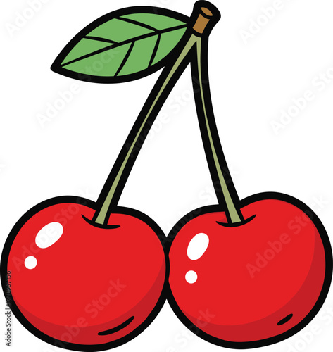Fresh cherry pair cartoon illustration, juicy red fruit with leaf, cute healthy food graphic for summer, organic produce and sticker design themes