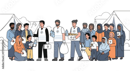 Diverse group of people standing together with food and water in a refugee camp setting with a white background.