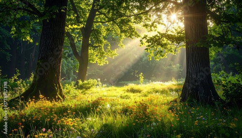 Fototapeta Naklejka Na Ścianę i Meble -  Sunlight streams through trees into a meadow filled with wildflowers