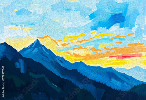 Mountain landscape . Oil painting. Artistic brush strokes.