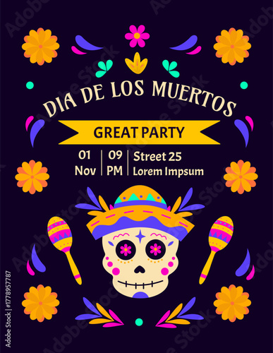 Day of the dead invitation card design with sugar skull in flowers wearing sombrero hat. Vector illustration