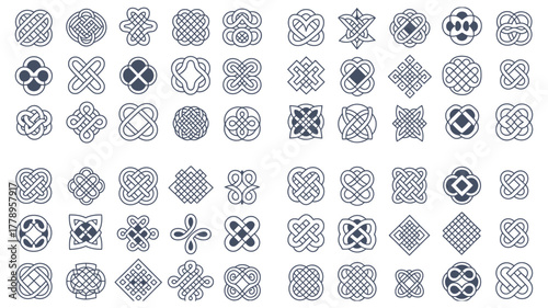 Celtic knot intricate repeating grid layout with multiple interlaced motifs symbolizing eternity and unity ideal for decorative border design embroidery engraving and heritage artwork