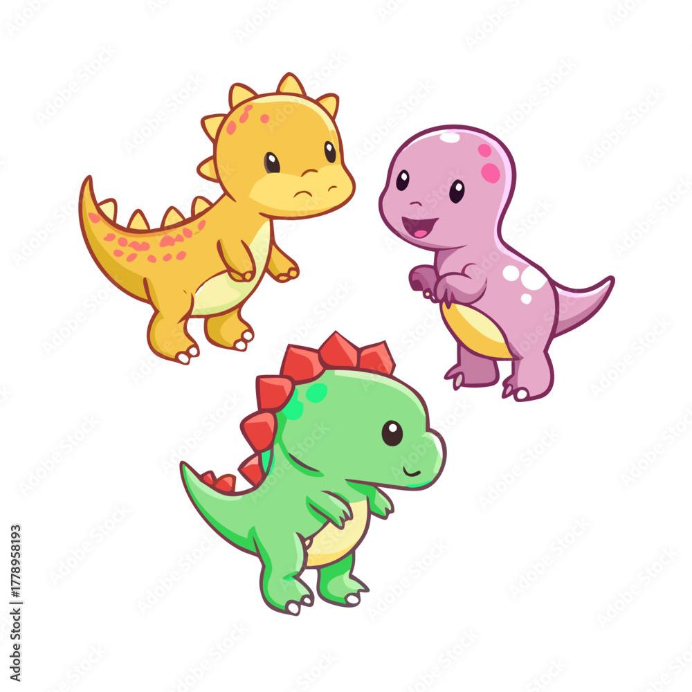 Fototapeta premium Cute baby dinosaur set. Adorable dino cartoon characters in colorful style - brontosaurus and triceratops, t-rex and triceratops. Playful prehistoric animal , funny kawaii mascots for kids ... See Mor