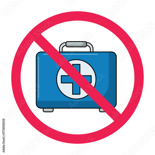 Forbidden sign with medical bag icon, red crossed circle symbol, flat vector illustration