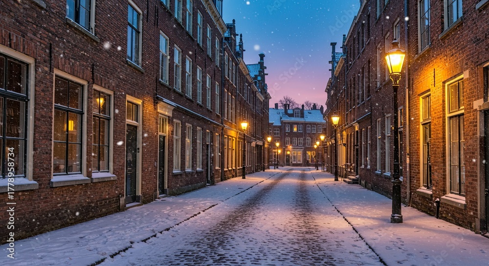 Fototapeta premium Picturesque winter scene in a historic european town with snow covered street