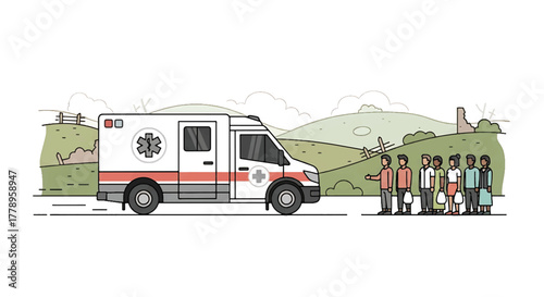 Illustration of a white and red ambulance parked on a road with a group of people standing nearby in a green landscape.