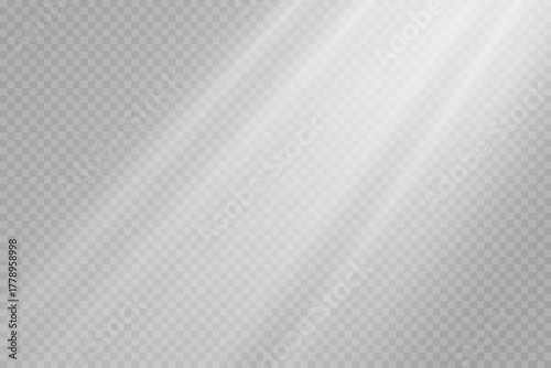  Glowing white light rays, sunshine flare on transparent background.