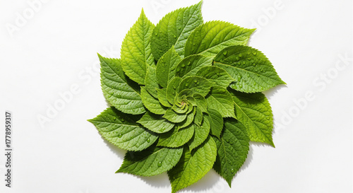 A perfect Golden Ratio spiral made of fresh green leaves. This isolated design symbolizes natural harmony, growth, and ecology. Ideal for wellness or sustainability concepts.