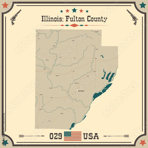 Large and accurate map of Fulton County, Illinois, USA with vintage colors.