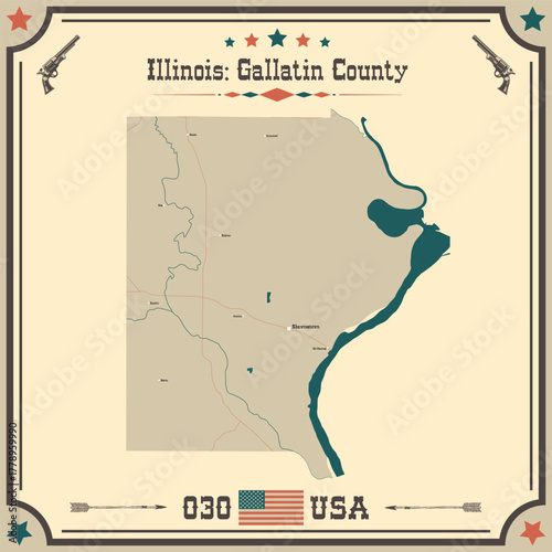 Large and accurate map of Gallatin County, Illinois, USA with vintage colors.