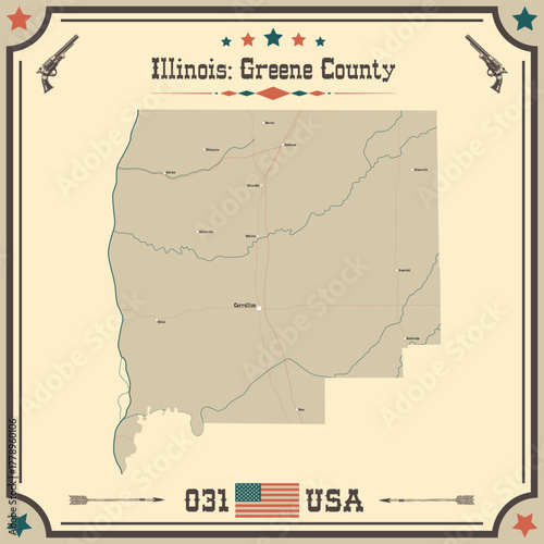Large and accurate map of Greene County, Illinois, USA with vintage colors.