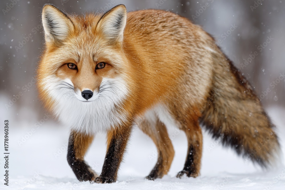 Naklejka premium A solitary red fox elegantly prowls through a serene winter forest blanketed in soft snowflakes