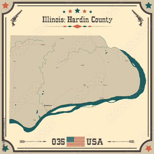 Large and accurate map of Hardin County, Illinois, USA with vintage colors.