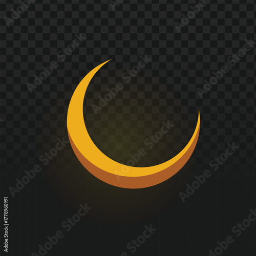 Three-dimensional golden crescent moon with a soft inner glow. Perfect for night themes, astronomy, Ramadan, Eid celebrations, celestial decorations, or elegant spiritual graphic designs.