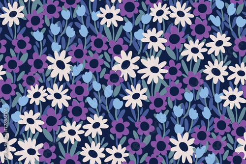 Seamless floral pattern, Liberty ditsy print of simple cute daisies. Botanical design of hand-drawn meadow in purple, small flowers, tiny leaves, mini plants on a dark background. Vector illustration.
