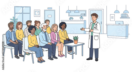Illustration of a doctor addressing a diverse group of people sitting in a waiting room with a calming atmosphere.