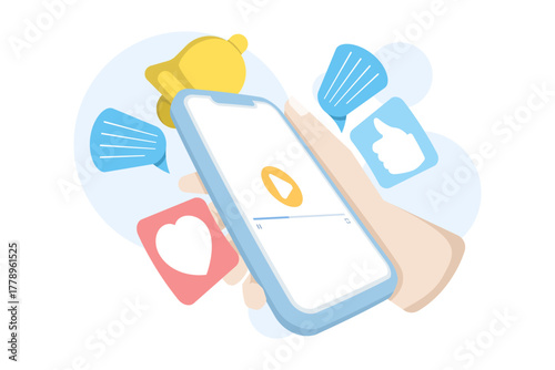 Mobile phone and video player with comment and thumbs up icons in cartoon style. Concept of online broadcast, social media, and content monetization.