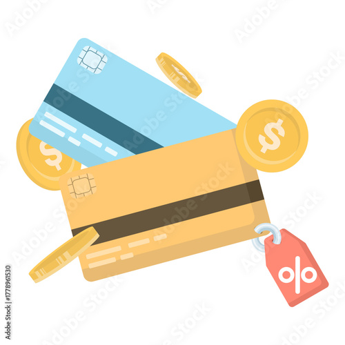 Yellow and blue credit card icon with dollar coins and percent tag, representing discount, due date, and financial savings. Cartoon-style vector illustration.