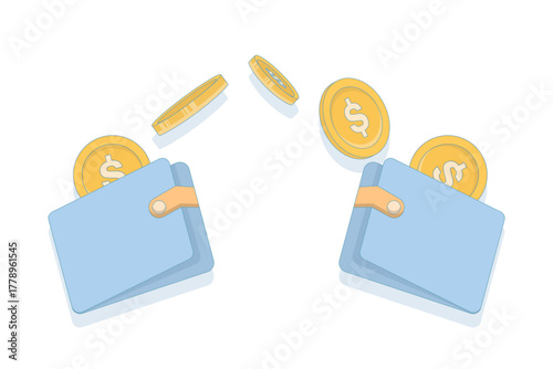 Two wallets exchanging gold coins, symbolizing money transfer or peer-to-peer payment. Cartoon style vector icon for finance and digital transaction concepts.