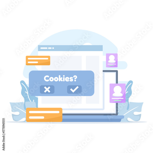 Browser cookies concept illustration showing accept or reject options. Symbol of website data storage and online service privacy management design.