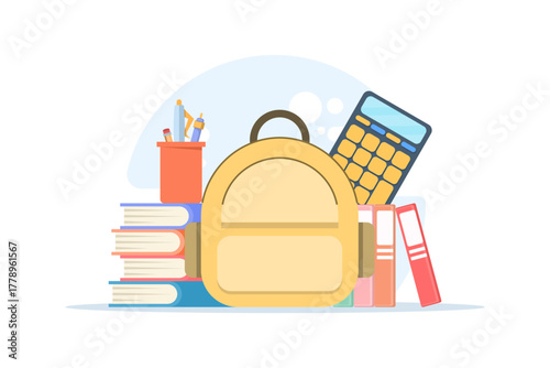 Cartoon-style backpack, stack of books, and calculator illustration. Symbolizing back to school, study, and online education learning concept.