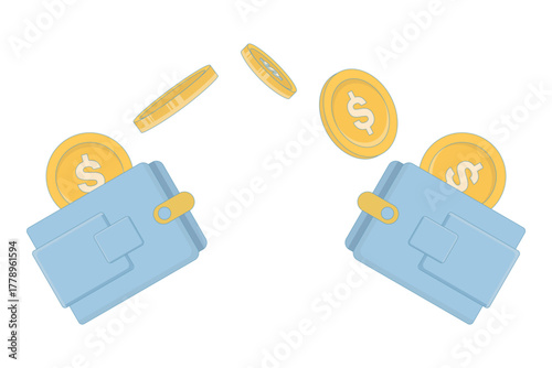 Two wallets exchanging gold coins, representing money transfer or peer-to-peer payment. Cartoon-style vector icon symbolizing finance and digital transactions.