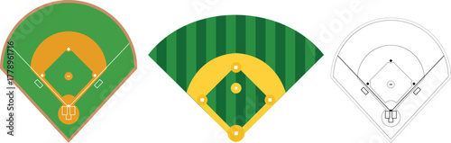 Baseball Field Top View Icons Set, Sports Diamond Layout Vector Collection