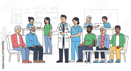 Illustration of a diverse group of people including healthcare professionals and patients in a clinical setting with a clean and organized background.