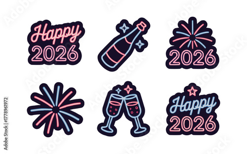 Celebrate the dawn of 2026 with vibrant neon fireworks, champagne, and joyful graphics to usher in new beginnings and festive cheer