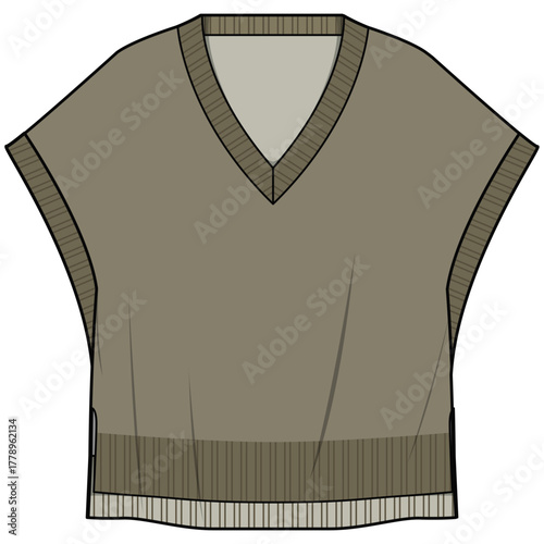 Oversize Drop Shoulder Sweater Vest Fashion Flat Sketch Vector Illustration, CAD, Technical Drawing, Flat Drawing, Template, Mockup.	
