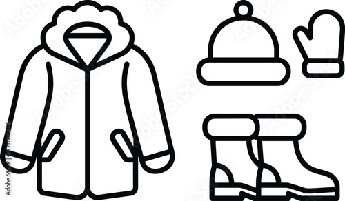 Bold Line Art Icon Vector Set for Winter Clothing with Parka, Hat, Boots, and Mittens