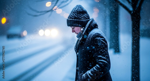Winter Solitude Woman Walking In Blizzard Snowstorm