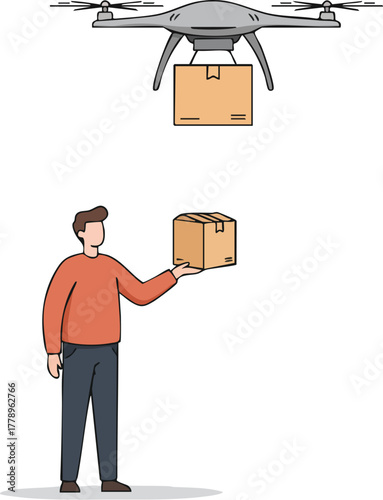 A man in an orange shirt holds a cardboard box below a drone carrying a similar package.