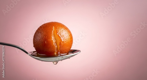 Close-up of Gulab Jamun on Spoon with Syrup Drip, Pink Background